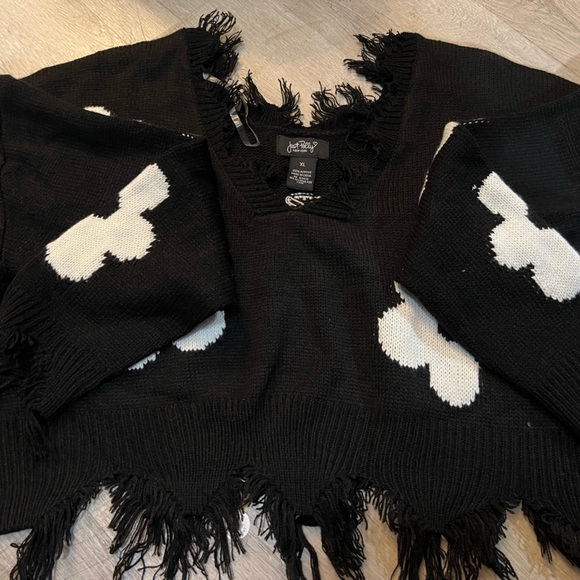 mandee Sweaters - Oversized distressed flower print cropped knit long sleeve